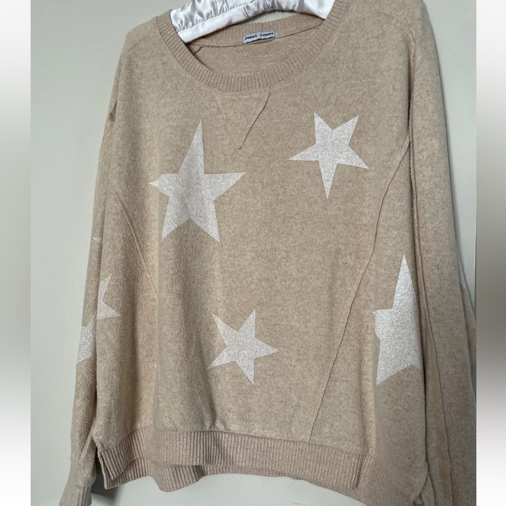 Sweet Romeo Women's Soft Cream Crew Neck Sweater, size S, relaxed fit.